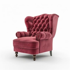 Comfortable vintage bergere armchair with velvet upholstery standing on white background
