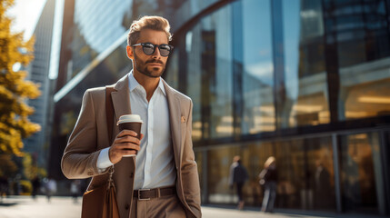 a confident professional man in suit holding coffee cup, walking in urban setting with modern buildings. scene conveys sense of style and sophistication