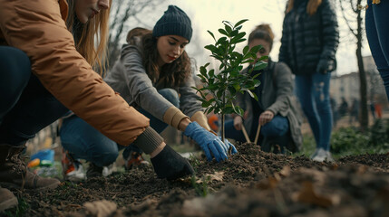Group of People Planting Trees Together in Community for Environmental Conservation Efforts