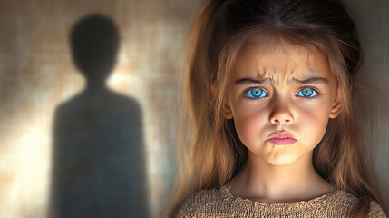 little girl with blue eyes shows worried expression, standing against textured background with shadow behind her. image conveys sense of concern and vulnerability
