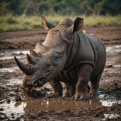 Fototapeta premium A baby rhinoceros playing in the mud in the wild.