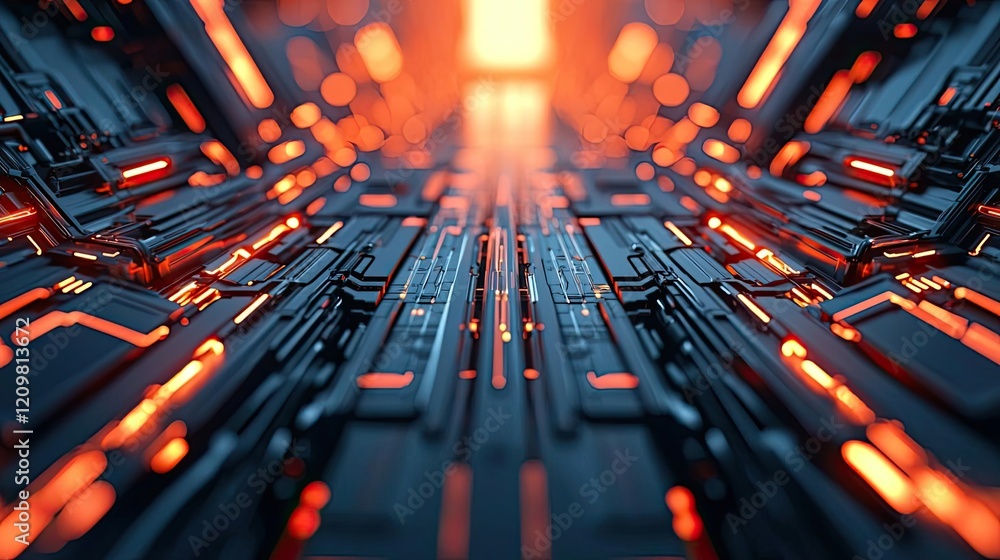 Poster self-paced learning online concept. futuristic corridor with glowing lines and intricate circuitry d