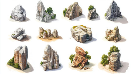 Illustrated Rock Formations With Textured Details And Greenery Accents In A Natural Scene
