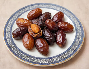 Dates presented in a white plate for Iftari, Ramadan Mubarak concept, Ramadan Mubarak fruit, delicious fruit, sweet fruit, dates fruit