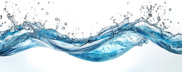 A dynamic splash of clear blue water forms elegant waves against a white background, illustrating fluidity and motion.