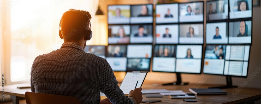 Poster remote learning online concept. person engaging in virtual meetings using multiple screens for effec