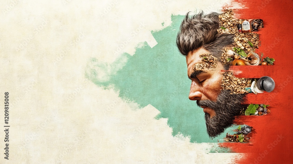 Aufkleber a vivid artistic representation of a man's profile, blending various textures and colors with intric