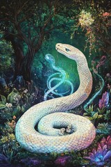 Fototapeta premium White scaled snake with a glowing spirit in forest.