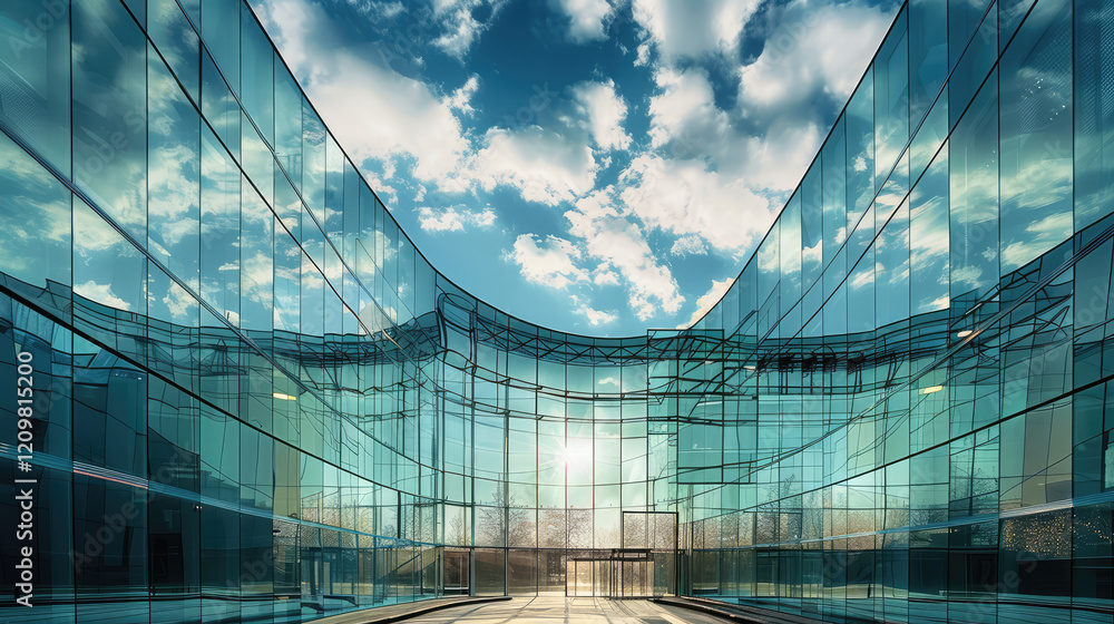 Poster modern glass building reflecting sky and clouds, showcasing sleek architecture and vibrant sunlight.