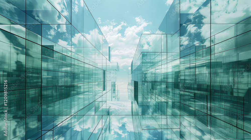 Poster modern glass architecture reflects clouds and sky, creating serene atmosphere. transparent structure
