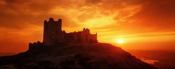 Obraz premium An abandoned castle on a hill, its crumbling battlements silhouetted against a fiery sunset.