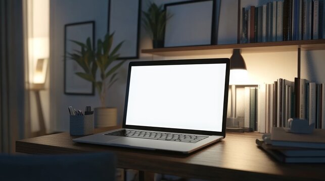 A minimalist workspace glows softly, showcasing a blank laptop on a wooden desk with a lamp, bookshelves, and greenery, ideal for peaceful late-night work or study. - Powered by Adobe