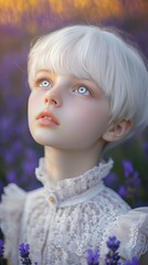 Fototapeta premium Innocence Flower Field, Looking, Sunlight, minimalistic, Ethereal Child in a Lavender Field at Dusk