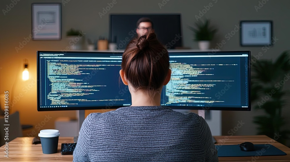Poster e-learning online idea. a person coding on dual monitors in a modern office environment.