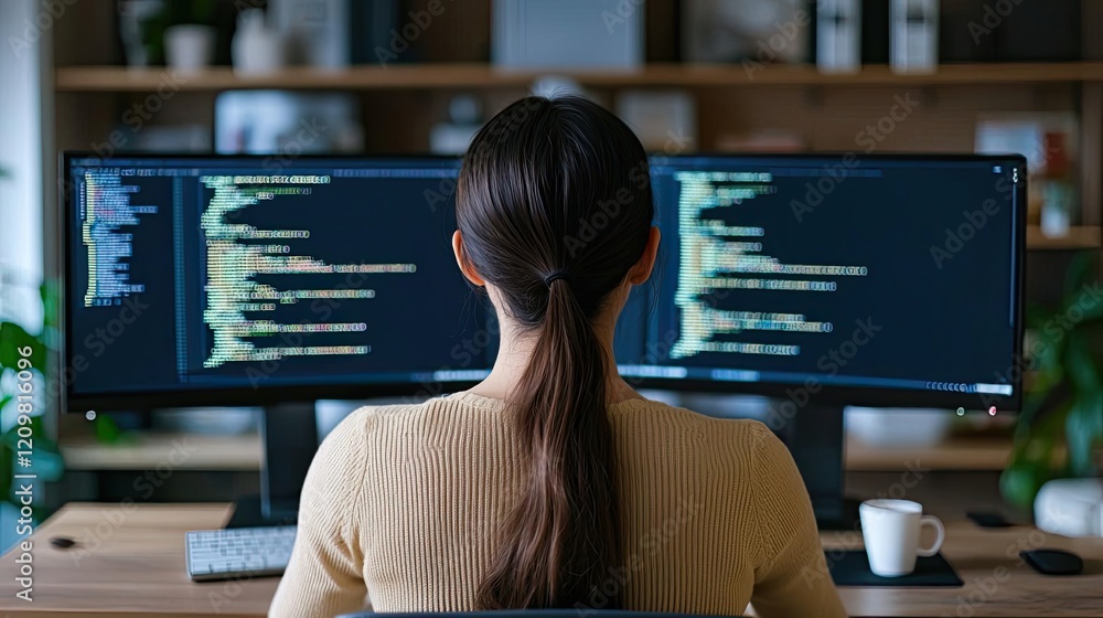 Poster e-learning online idea. a woman coding on dual monitors in a modern home office setting.