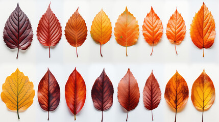 Fototapeta premium Collection of autumn leaves in various colors, showcasing vibrant reds, oranges, yellows, and browns. leaves are arranged in neat pattern, highlighting their unique shapes and textures