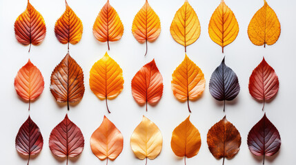 Colorful autumn leaves in various shapes and shades of orange, yellow, and red arranged in grid pattern, showcasing beauty of fall foliage