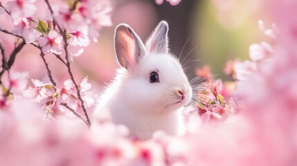 A Tiny White Rabbit Among Delicate Pink Blossoms