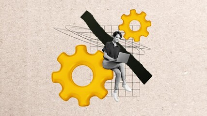 Contemporary art motion collage video of happy freelancer businesswoman it master type laptop fix optimization