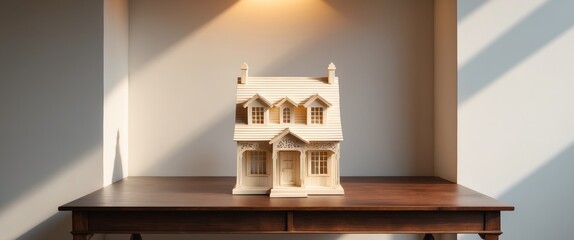 A miniature small house made of wood lies on a wooden table in front of the window exposed to the spotlight