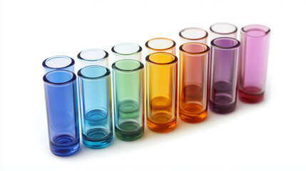 Rainbow Shot Glasses: A collection of colorful shot glasses arranged in a rainbow gradient, showcasing vibrant hues and sleek design. Perfect for adding a touch of whimsy to any bar or party.