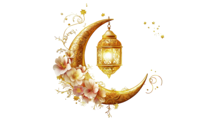 3D rendering of a golden crescent moon with a hanging lantern and golden flowers with transparent background