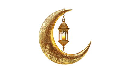3D rendering of a golden crescent moon with a hanging lantern and golden flowers with transparent background