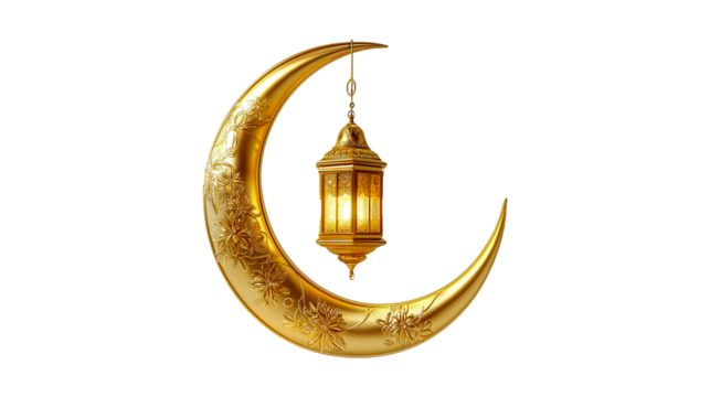 3D rendering of a golden crescent moon with a hanging lantern and golden flowers with transparent background