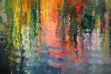Abstract painting with vibrant colors and wavy patterns, suggesting ripples and reflections in water