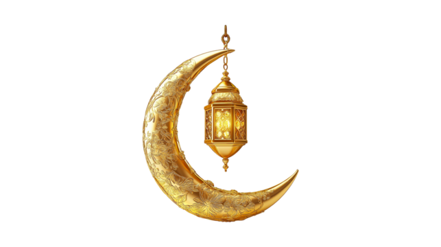 3D rendering of a golden crescent moon with a hanging lantern and golden flowers with transparent background