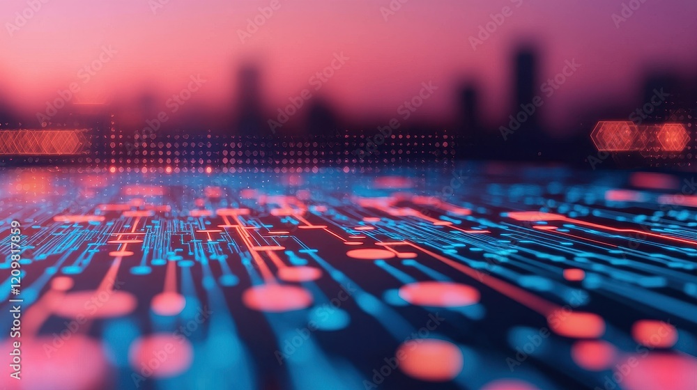 Poster abstract digital background with glowing circuit patterns at sunset