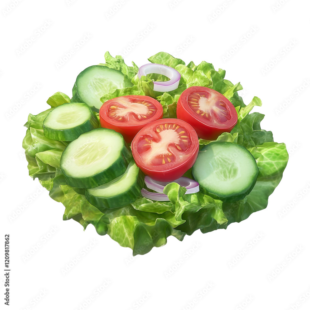 Poster a vibrant fresh salad composed of lettuce tomatoes cucumber and onion slices is presented attractive