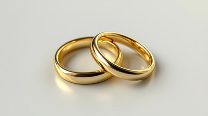 pair of golden wedding bands on a reflective white surface, representing love, commitment, and marriage