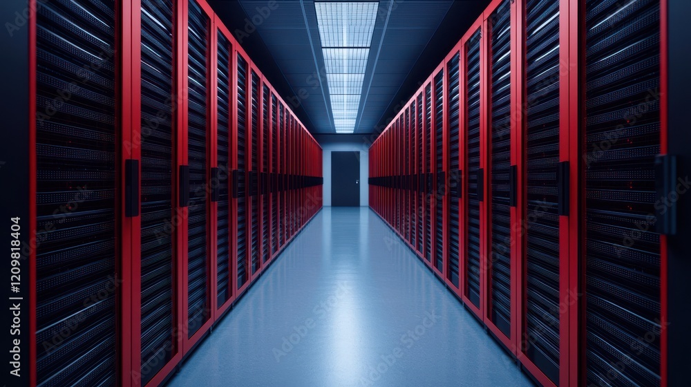 Poster modern data center corridor with red server racks and bright lighting