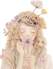 Naklejka premium Floral Reverie: A gentle girl, adorned with a delicate flower crown, gently holds a single bloom to her face, her eyes closed in peaceful contemplation.