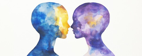 Watercolor illustration of two human heads 