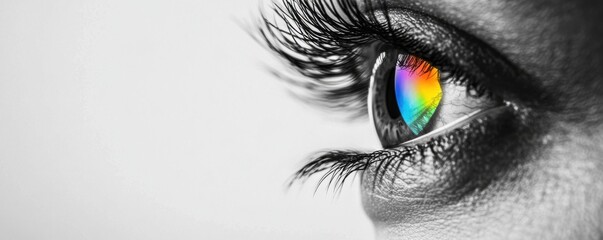 Black and white photograph of an eye with a rainbow-colored iris