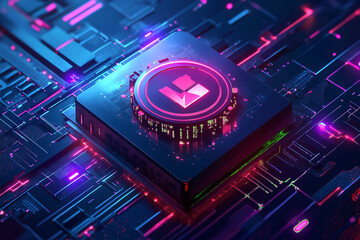Obraz premium Futuristic digital circuit board with glowing microchip and vibrant neon lights