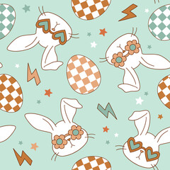 Seamless vector pattern with cute groovy rabbit and Easter eggs. Hand drawn boho illustration. Perfect for textile, wallpaper or nursery print design. EPS10 vector file.