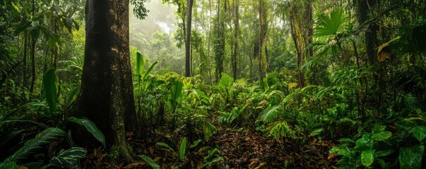 Obraz premium A dense rainforest teeming with life, its trees towering overhead and its undergrowth filled with exotic plants and animals.