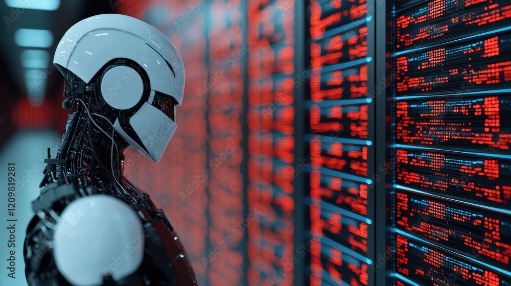Aufkleber futuristic robot with data servers in red and black environment