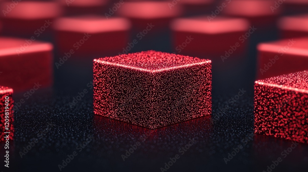 Poster abstract red glitter cube with sparkling background in focus