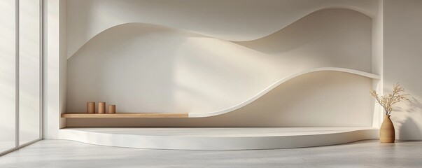 A minimalist interior featuring wavy wall designs, a wooden shelf, and subtle decor elements, creating a serene and modern atmosphere.