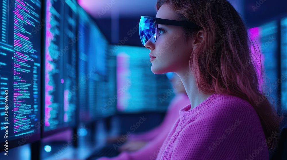 Aufkleber focused female coder wearing glasses in a neon-lit tech environment