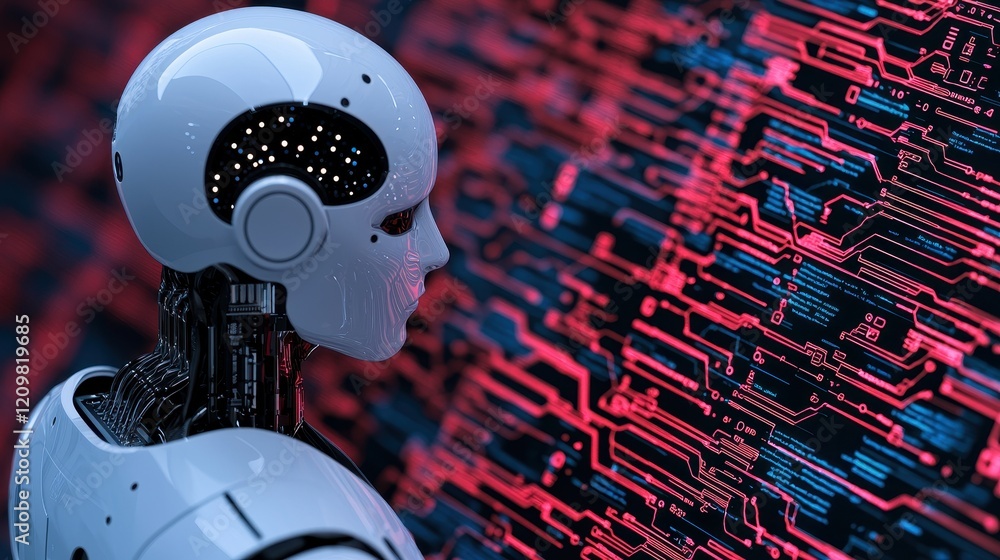 Poster futuristic robot with circuitry background in cyberpunk style
