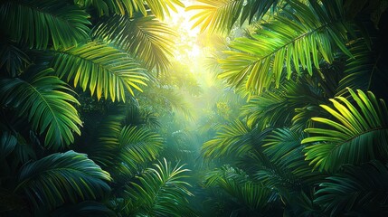 Lush tropical rainforest with sunlight streaming through dense foliage.