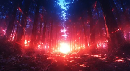 Naklejka premium Enchanting Forest Path Illuminated by Ethereal Red and Blue Light
