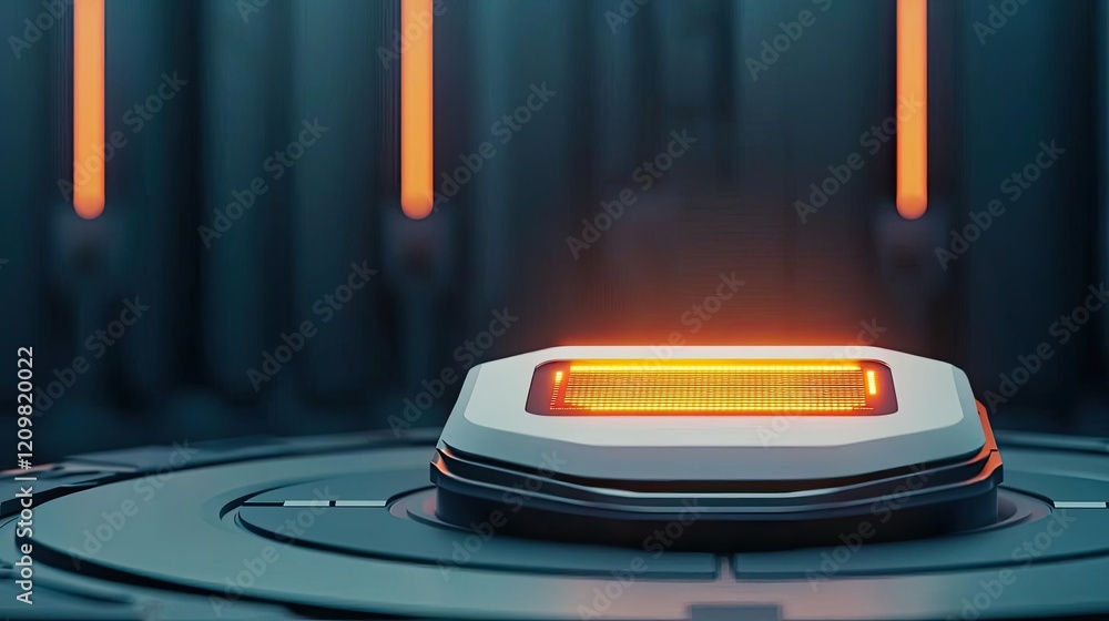 Poster ai guidance concept. futuristic device with glowing element, set in a modern environment.