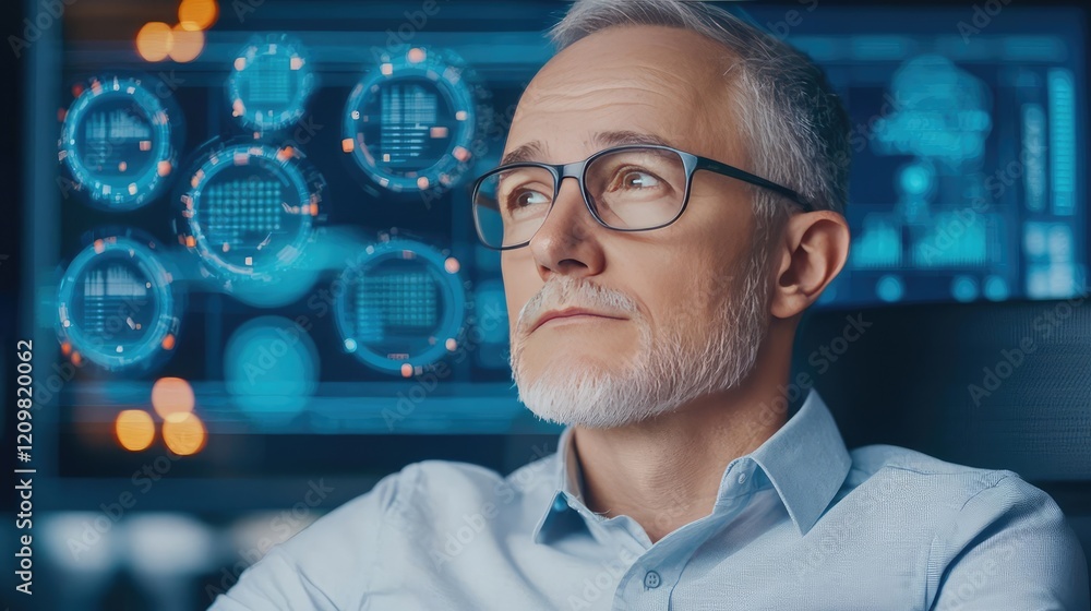 Poster ai guidance concept. pensive scientist analyzing data on a digital interface in a modern lab setting