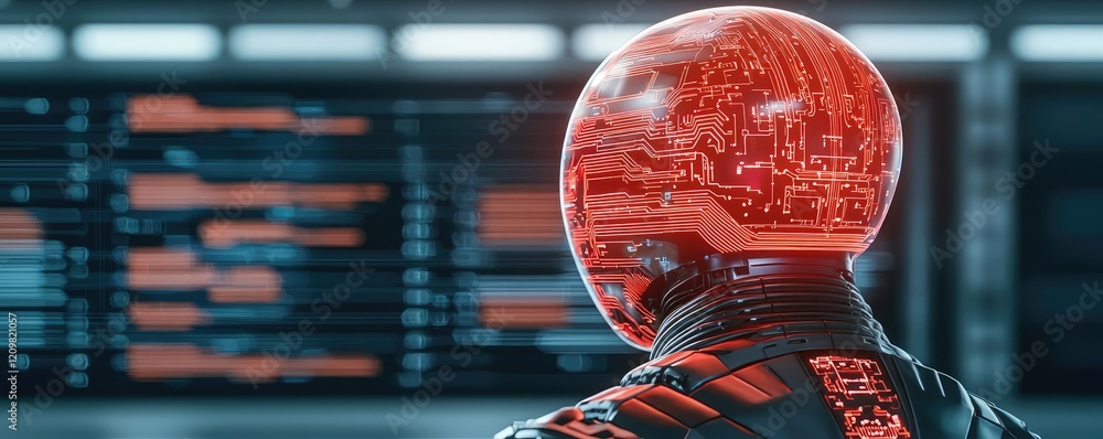 Poster ai guidance concept. futuristic robot with a glowing red helmet in a high-tech environment.